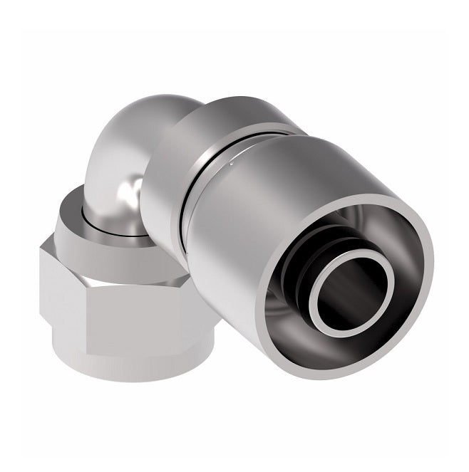 FJ3250-0606S Aeroquip by Danfoss | Female 37° JIC Swivel 90° Elbow 100R5 Crimp Fitting | FJ Series | -06 Female 37° JIC Swivel x -06 Hose Barb | Steel