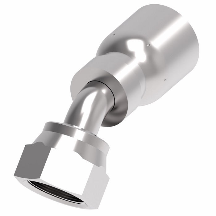 FJ3254-0608S Aeroquip by Danfoss | Female ORS Swivel 45° Elbow 100R5 Crimp Fitting | FJ Series | -06 Female O-Ring Face Seal Swivel x -08 Hose Barb | Steel