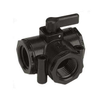 LV050SLV Banjo Polypropylene Side Load Micro Valve - 1/2" Female NPT x 1/2" Female NPT x 1/2" Female NPT - Opening Thru Ball: 1/2" - 300PSI