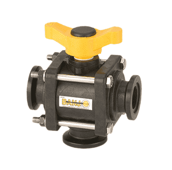 MV200BL Banjo Polypropylene 3-Way Manifold Ball Valve - Bottom Load - 4-Bolt - 2" Flange x 2" Flange - Opening Thru Ball: 1-1/2" - T Handle - 100 PSI