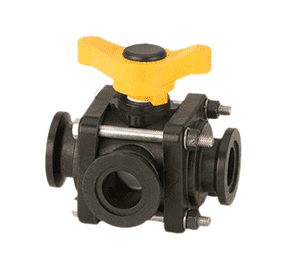 MV100SL Banjo Polypropylene 3-Way Manifold Ball Valve - Side Load - Full Port - 4-Bolt - 1" Flange x 1" Flange - Opening Thru Ball: 1" - T Handle - 100 PSI