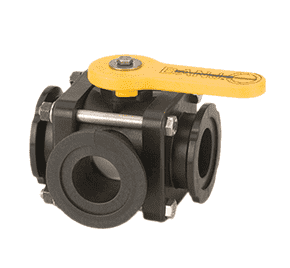 MV200SL Banjo Polypropylene 3-Way Manifold Ball Valve - Side Load - Standard Port - 4-Bolt - 2" Flange x 2" Flange - Opening Thru Ball: 1-1/2" - Straight Handle - 100 PSI