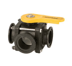 MV220SL Banjo Polypropylene 3-Way Manifold Ball Valve - Side Load - Full Port - 4-Bolt - 2" Flange x 2" Flange - Opening Thru Ball: 2" - Straight Handle - 100 PSI