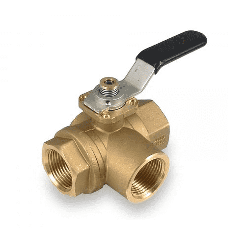 S72D41L RuB Inc. 3-Way L-Port Horizontal Fitted Ball Valve - Brass - 1/2" Female NPT x 1/2" Female NPT x  1/2" Female NPT with Black Handle & Blocking System (Pack of 40)