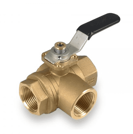 S73D41L RuB Inc. 3-Way T-Port Horizontal Fitted Ball Valve - Brass - 1/2" Female NPT x 1/2" Female NPT x  1/2" Female NPT with Black Handle & Blocking System (Pack of 40)