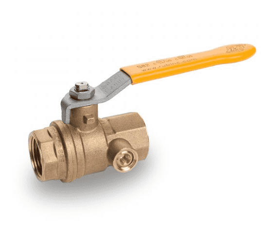 S82F41 RuB Inc. Gas Service Side Drain Ball Valve - Brass - 1" Female NPT x 1" Female NPT - with Yellow Steel Handle (Pack of 10)