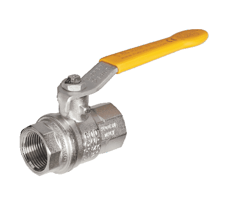 S84E50 by RuB Inc. | Metric Threaded Full Port Ball Valve | 3/4" Female BSPT x 3/4" Female BSPT | with Yellow Steel Handle | Nickel Plated Brass | Pack of 12