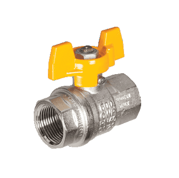 S84E56 by RuB Inc. | Metric Threaded Full Port Ball Valve | 3/4" Female BSPT x 3/4" Female BSPT | with Yellow Aluminum T-Handle | Nickel Plated Brass | Pack of 32