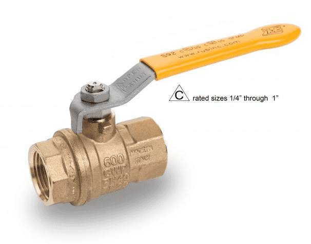 S92F41 by RuB Inc. | Full Port 2-Way Ball Valve | 1" Female NPT x 1" Female NPT | with Yellow Steel Handle | Brass | Pack of 10