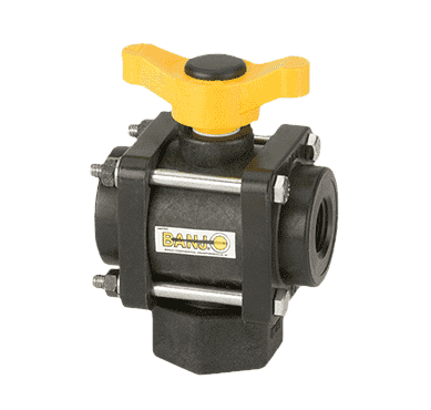 V075BL Banjo Polypropylene 3-Way Ball Valve - Bottom Load - 3/4" Female NPT - Opening Thru Ball: 1" - 100 PSI - T Handle