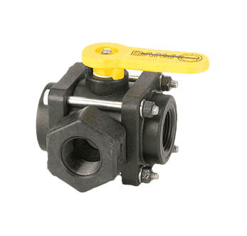 V075SL Banjo Polypropylene 3-Way Ball Valve - Side Load - 3/4" Female NPT - Opening Thru Ball: 1" - 100 PSI - Straight Handle