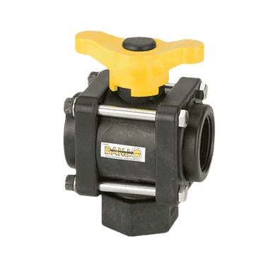 V125BL Banjo Polypropylene 3-Way Ball Valve - Bottom Load - 1-1/4" Female NPT - Opening Thru Ball: 1-1/2" - 100 PSI - T Handle