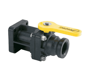 VSFTF202A Banjo Polypropylene Bolted Ball Valve - Fits Clawson® Rock Tank - 2" Male QDC x Four Bolt Tank Adapter w/Cap & Lanyard - Opening Thru Ball: 1-1/2"