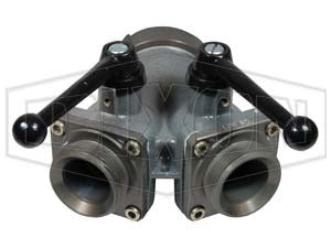 FMBV45F25F Dixon Aluminum 2-Way Ball Valve - 4-1/2" Female NST(NH) Swivel Inlet x Two 2-1/2" Male NST(NH) Outlets