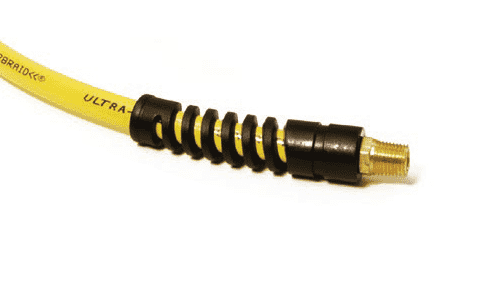 DL6255-4S by Nycoil | Ultra-Lite SuperBraid® | Hose Assembly | 3/8" ID x 0.515" OD | 1/4" Male NPT Swivel Fitting | Transparent Yellow | with Barb Fitting & Spring Guard | 25ft