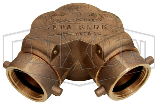 90DCS4025F-SP Dixon StandPipe Cast Brass Double Clapper Siamese Connection - Bottom Outlet - 4" Female NPT Outlet x Two 2-1/2" Female NST(NH) Inlets