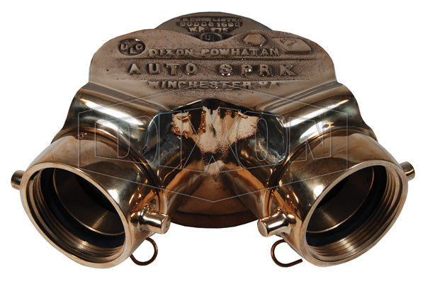 90DCS4025F-P Dixon Auto-Spkr Polished Cast Brass Double Clapper Siamese Connection - Bottom Outlet - 4" Female NPT Outlet x Two 2-1/2" Female NST(NH) Inlets