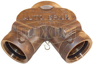 DCS4030F Dixon Auto-Spkr Cast Brass Straight Double Clapper Siamese Connection - Back Outlet - 4" Female NPT Outlet x Two 3" Female NST(NH) Inlets