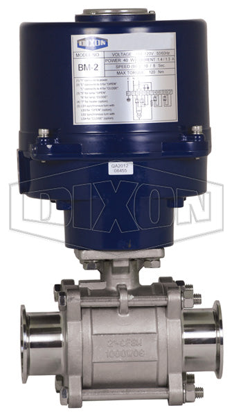 BV2CV-200CC-EA Dixon Valve 2" Electrically Actuated 3-Piece Sanitary Clamp End Ball Valve - 316 Stainless Steel - Lever Overide (110VAC) - Seat: Virgin PTFE