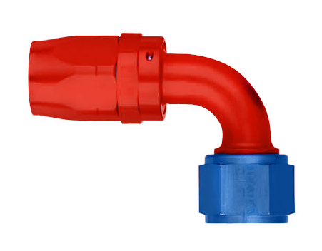 FBM4035 (FCM4035) Eaton Aeroquip® -12 Reusable S.A.E. 37° (JIC/AN) Swivel 90° Elbow Fitting - Red/Blue Anodized Aluminum