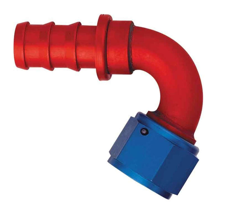 FBM1543 (FCM1543) Eaton Aeroquip® -08 SOCKETLESS™ S.A.E. 37° (JIC/AN) 120° Elbow Fitting - Red/Blue Anodized Aluminum