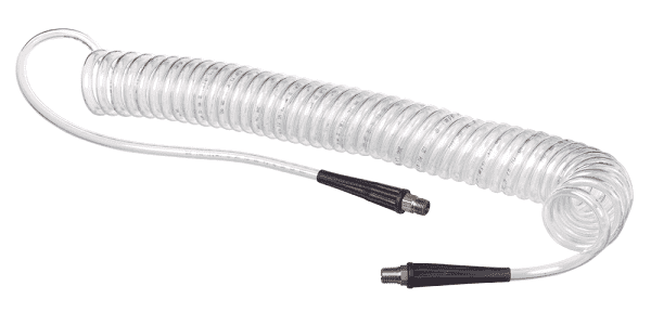 HSC2840-04X25 Kuri-Tec by Kuriyama | HSC2840 Series | Self-Store Coiled Tubing Assemblies for Air Tool Service | 1/4" ID | .375" OD | 1/4" x 1/4" Male NPT Fittings | Ether-Based Polyurethane | Blue Tint | 25ft Length