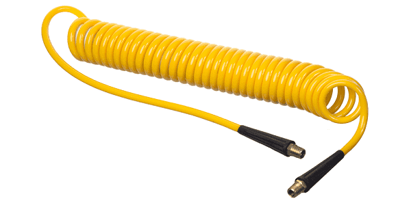 HSC2841-04X25 Kuri-Tec by Kuriyama | HSC2841 Series | Self-Store Coiled Tubing Assemblies for Air Tool Service | 1/4" ID | .375" OD  | 1/4" x 1/4" Male NPT Fittings | Ether-Based Polyurethane | Yellow | 25ft Length