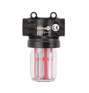 LSTM050-30C Banjo Polypropylene Mini T Line Strainer with Clear Bowl - 1/2" x 1/2" Strainer with 30 Mesh Screen - 100 PSI