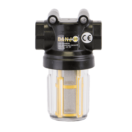 LSTM075-80C Banjo Polypropylene Mini T Line Strainer with Clear Bowl - 3/4" x 3/4" Strainer with 80 Mesh Screen - 100 PSI