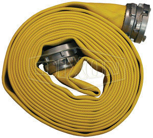 H450Y100SZ Dixon Nitrile Covered Fire Hose - Heavy Duty - Yellow - Coupled - Female x Male Segmented Collar Style Couplings (Aluminum) - 5" Hose and Storz Size - 5-3/8" Bowl Size - 100ft Length