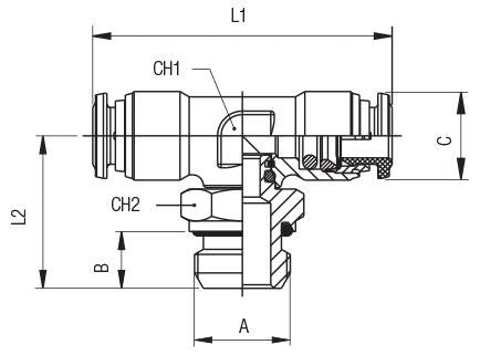 60215-12-3/8 by AIGNEP | 60/62 Series | Swivel Branch | 12mm Tube Push Connect x 3/8" Male BSPP | Tee | FKM Seal | Stainless Steel