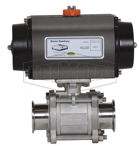 BV2CV-100CC-BCC Dixon Valve 1" Pneumatically Actuated 3-Piece Sanitary Clamp End Ball Valve - 316 Stainless Steel - Double Acting - Seat: Virgin PTFE