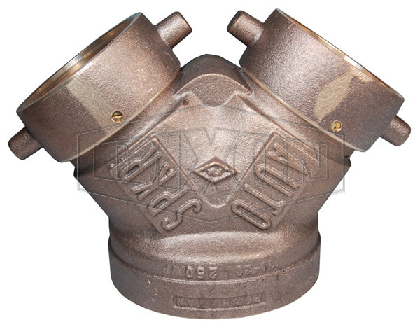 SCS4025F Dixon Auto-Spkr Cast Brass Straight Single Clapper Siamese Connection - Back Outlet - 4" Female NPT Outlet x Two 2-1/2" Female NST(NH) Inlets