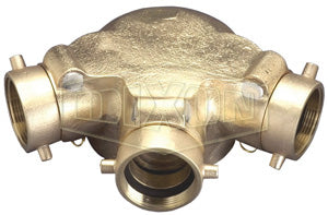 90TCS4025F-NB Dixon No Branding Cast Brass Triple Clapper Siamese Connection - Bottom Outlet - 4" Female NPT Outlet x Three 2-1/2" Female NST(NH) Inlets