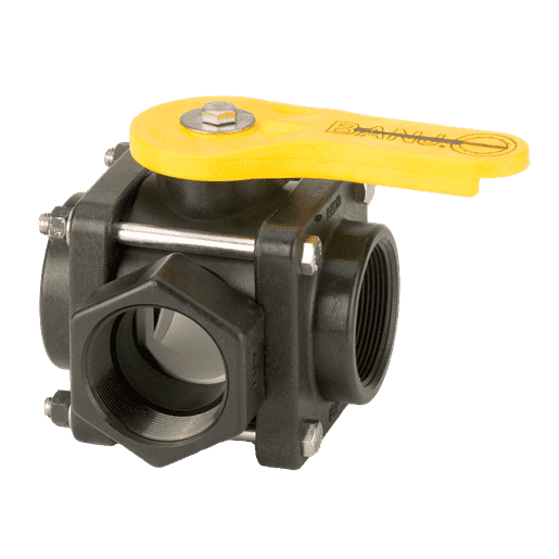 V200SL Banjo Polypropylene 3-Way Ball Valve - Side Load - 2" Female NPT - Opening Thru Ball: 2" - 100 PSI - Straight Handle
