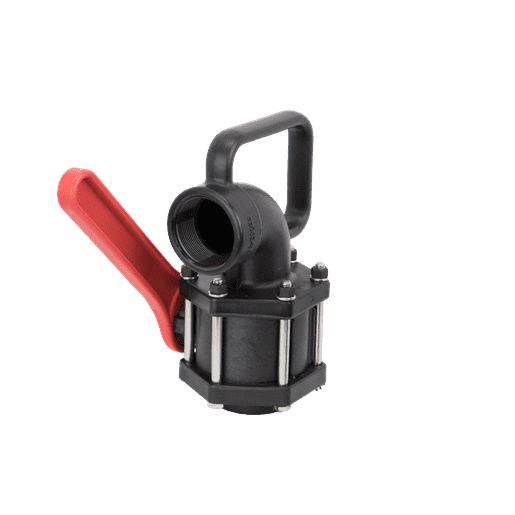 VA200FP Banjo Polypropylene Nozzle Valve with 90 deg. Elbow - 2" Female NPT (Full Port) - 2" Male NPT x 8" Nozzle - 2" Opening Thru Ball - 150 PSI