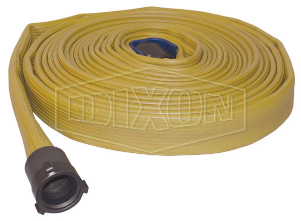 A515Y50RAS Dixon 500# Single Jacket All-Polyester Fire Hose - Yellow Color Impregnated - Coupled - Fem. x Male NPSH Expansion Ring Couplings (Aluminum) - 1-1/2" Hose Size - 1-3/4" Bowl Size - 50ft Length
